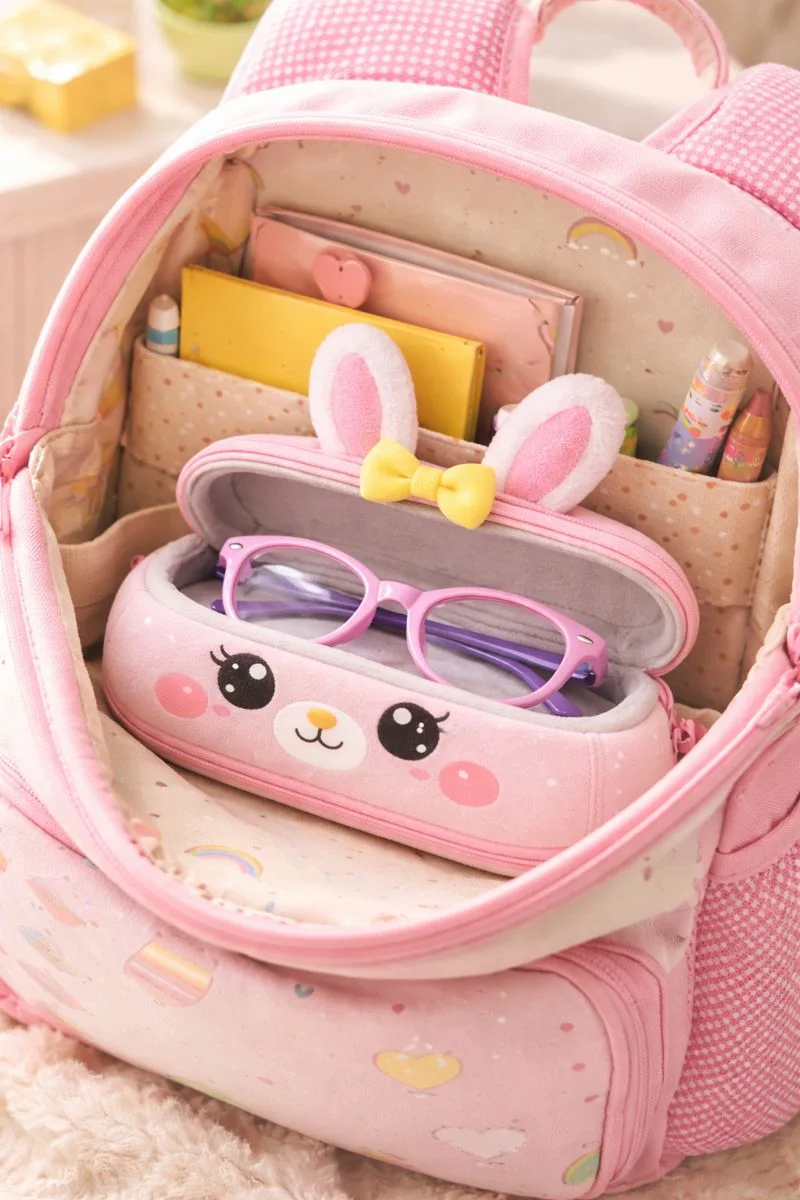 قرار گرفتن کیس عینک بچگانه داخل کیف کودک برای استفاده روزمره